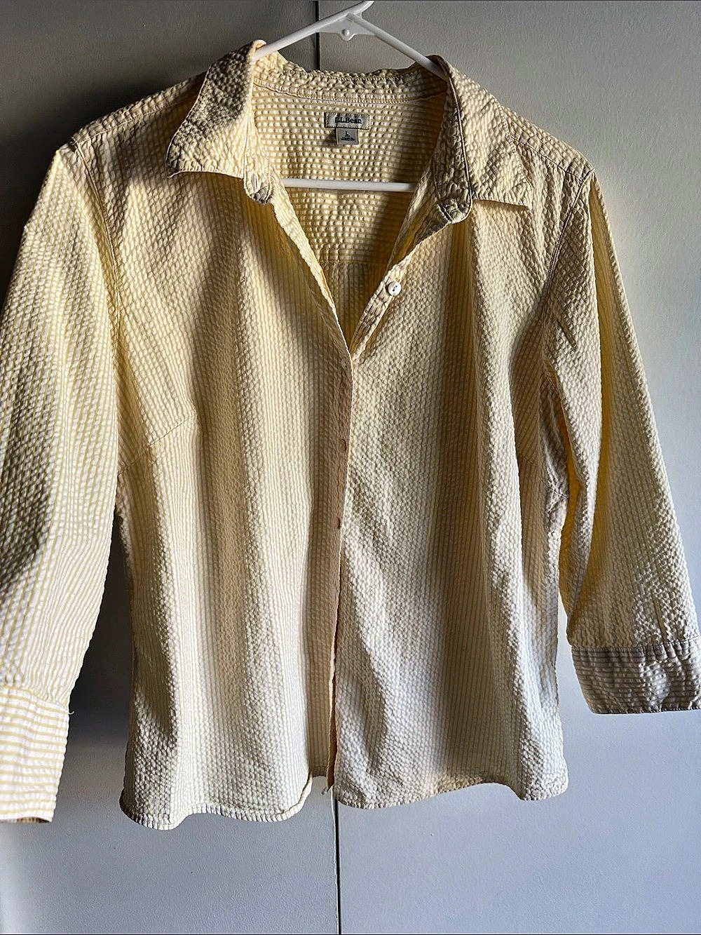 Large.Large.Bean Women's Vacationland Seersucker Shirt Yellow & White Large